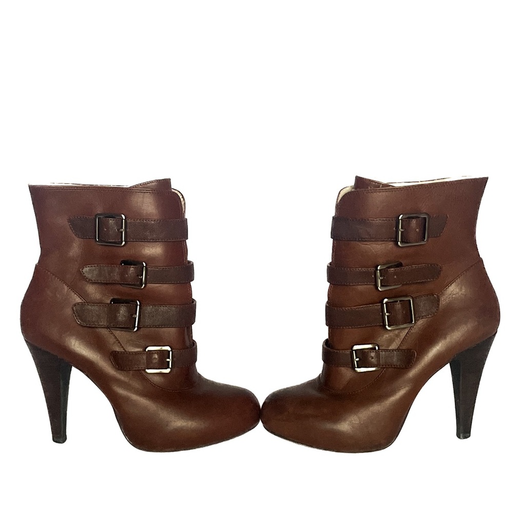 Gianni Bini Cadet Ankle Boot Brown Leather Upper White Faux Fur Lining Women 8M
